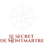 Logo jeu de piste "Le Secret de Montmartre" montrant une rose des vents blanche et le titre du jeu en rouge