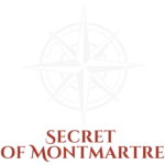 Logo of the treasure hunt "Secret of Montmartre" showing a white wind rose and the title of the game in red